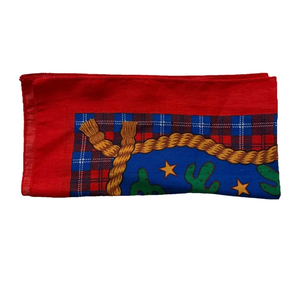 80s Deadstock Western Pictorial Bandana Red Cowboy Horse Handkerchief 20767 USA